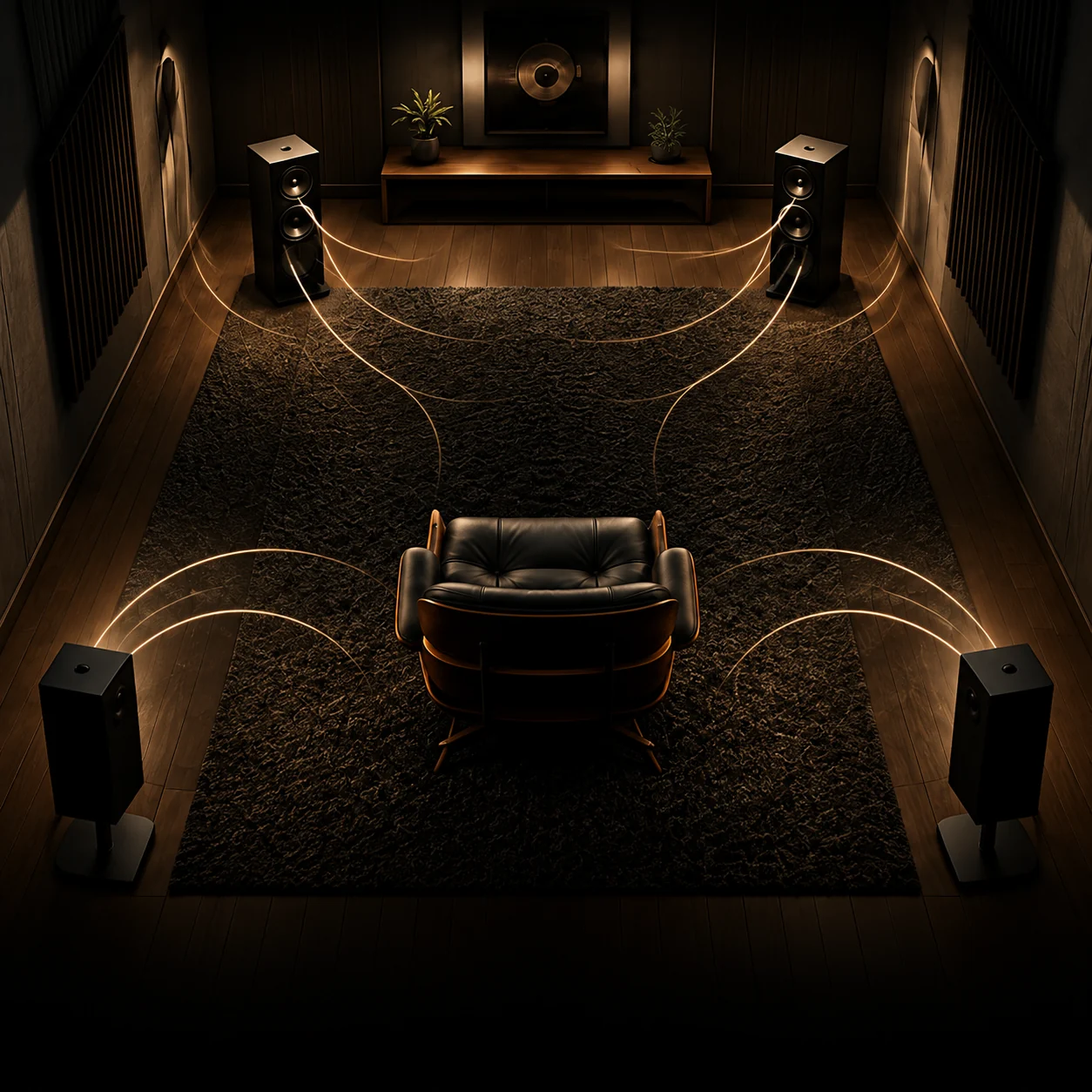 Illustration of a listening room with front and rear speakers around a listening chair.