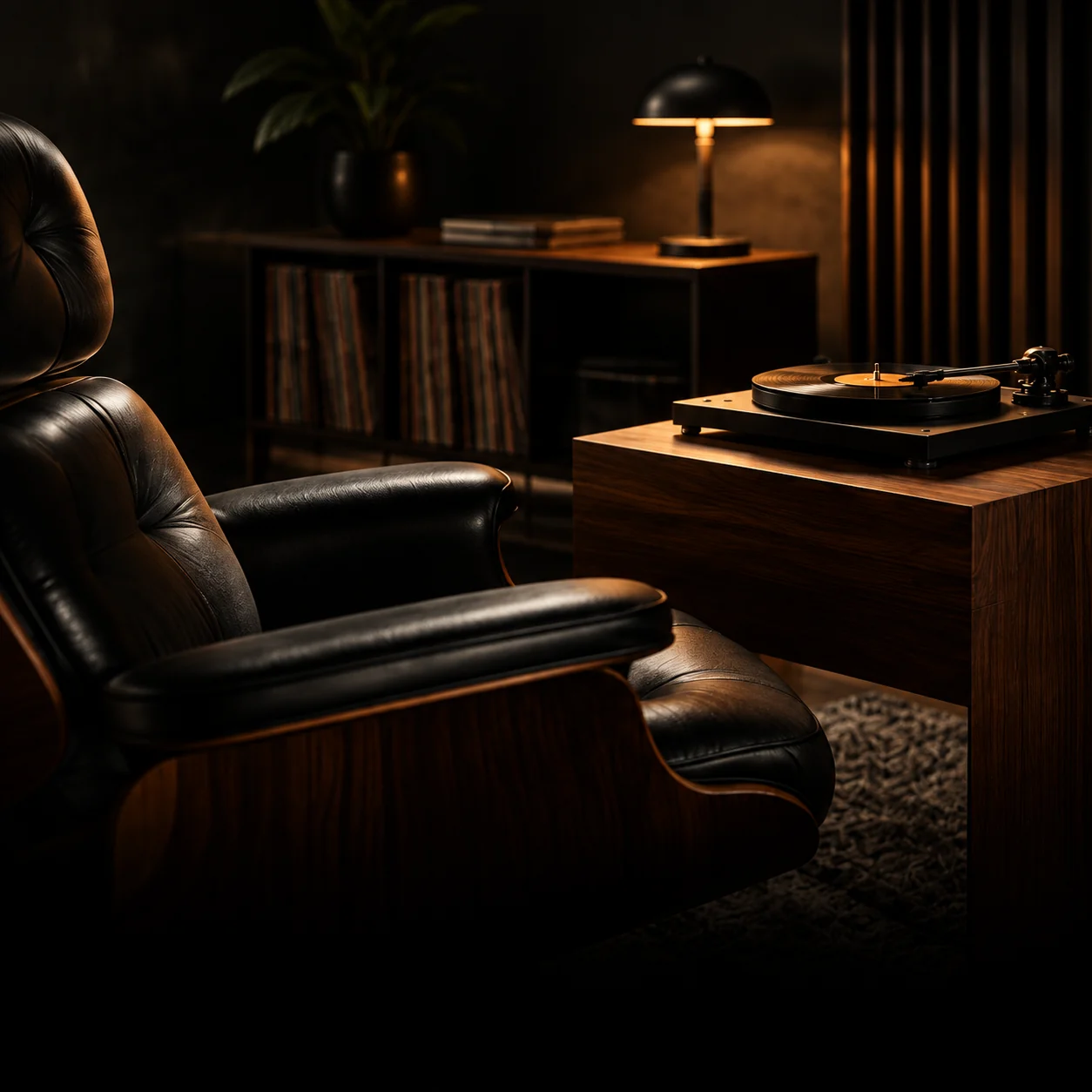 Illustration of a turntable on a side table within reach of a listening chair.