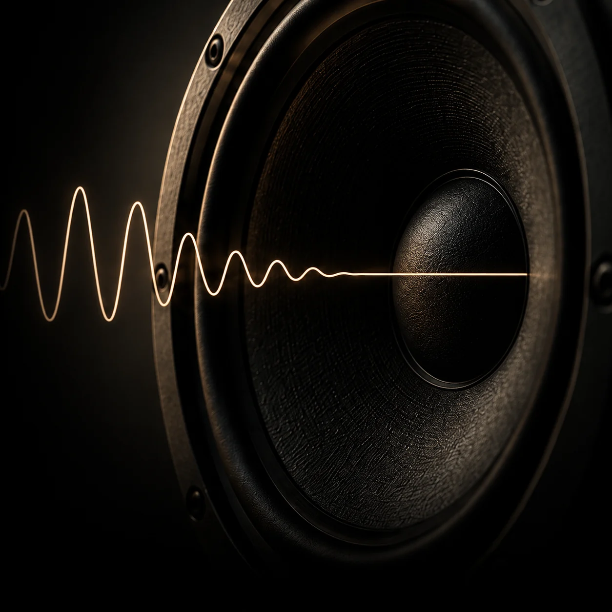 Illustrative close-up of a woofer with a settling waveform.