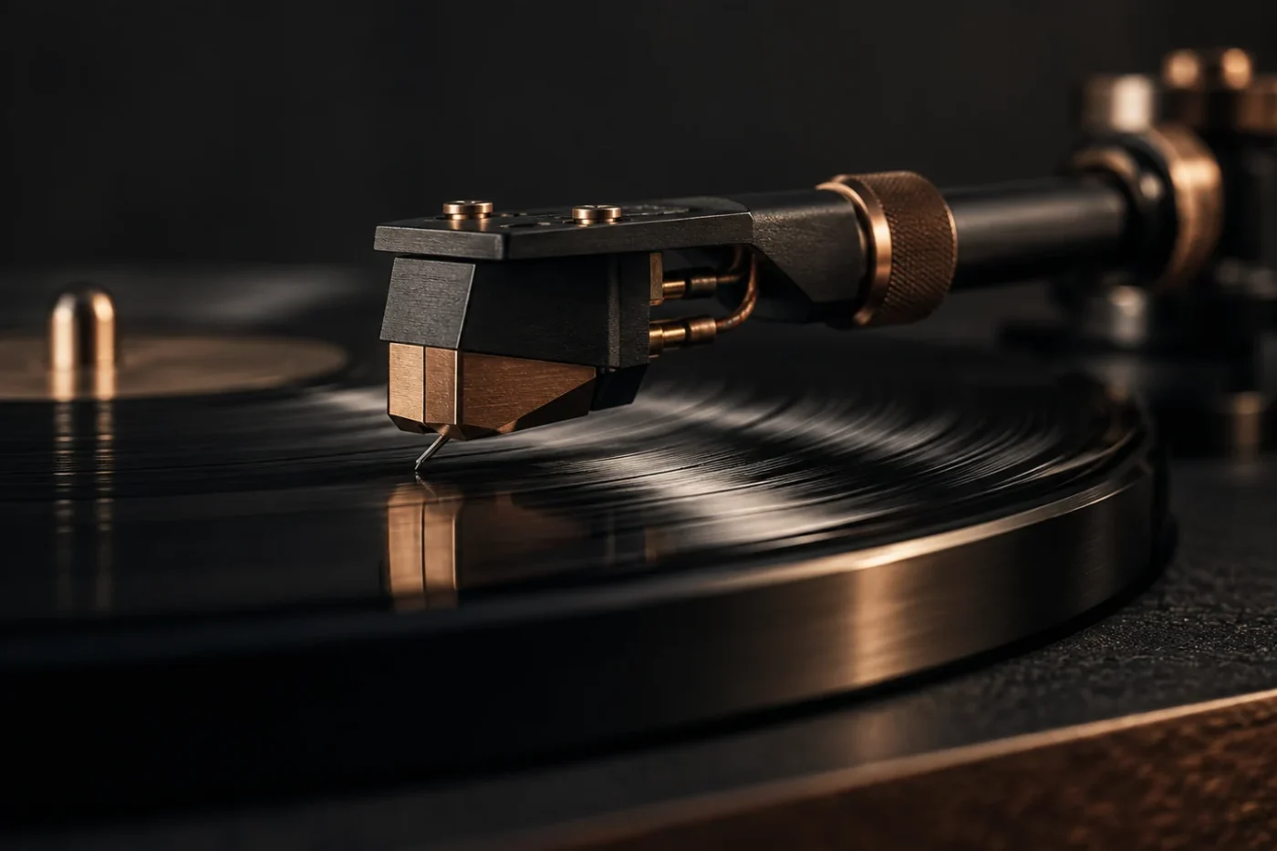 Close view of a phono cartridge and stylus above vinyl grooves.
