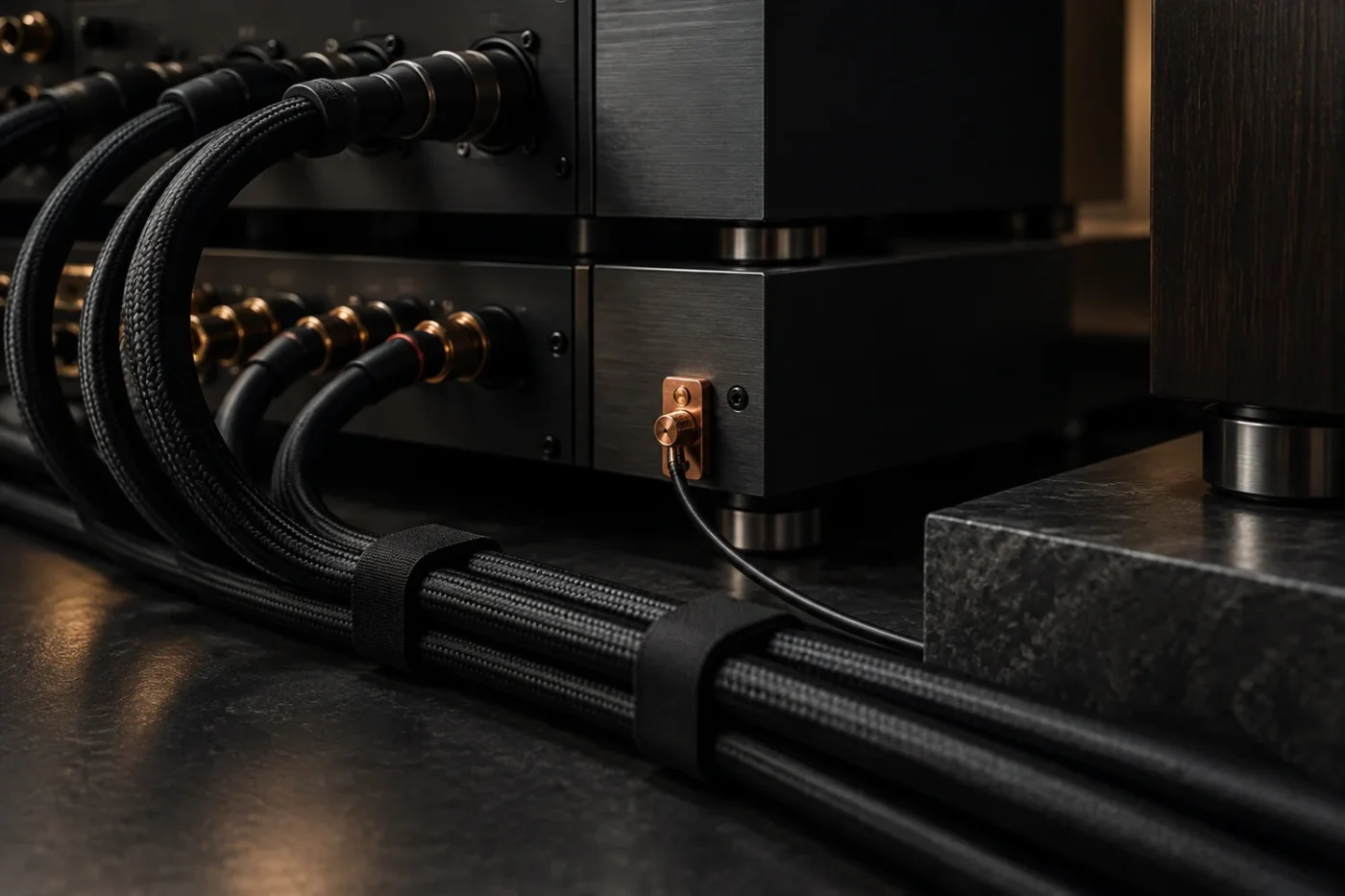 Neatly routed audio cables and a grounding connection behind audio equipment.